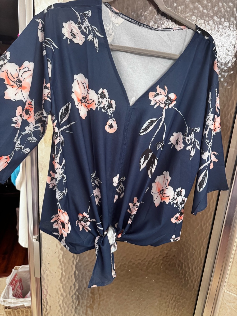 Women's Navy Floral Tie-Front V-Neck Top